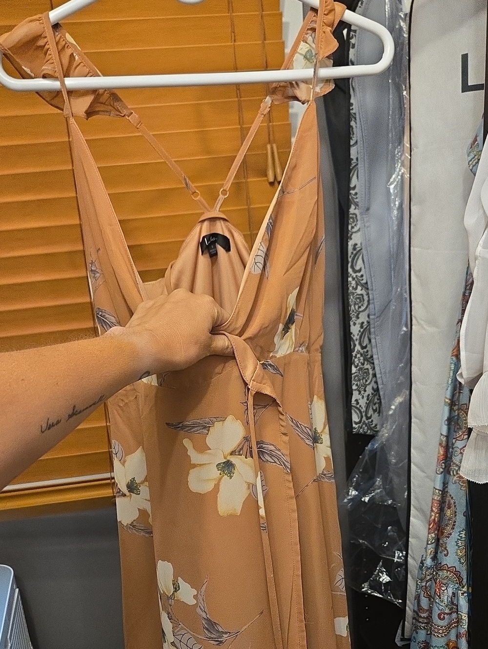 Lulu's Camel Floral Wrap Maxi Dress